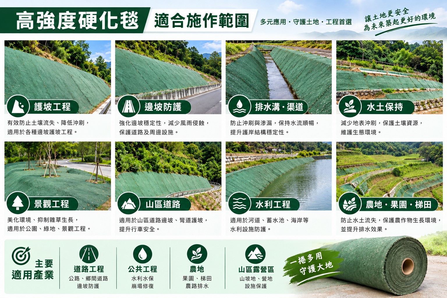 高強度硬化毯八種施作範圍宣傳示意圖，實際適用性須確認